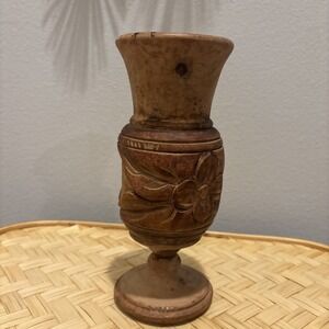 Wooden Hand Carved Vase Floral Vintage 9" Home Decor Folk Art Tribal Art MCM